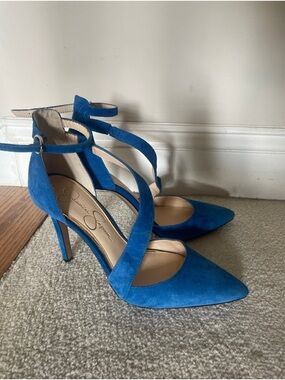 Jessica Simpson Cobalt Blue Suede Pointed-Toe Ankle-Strap Heels